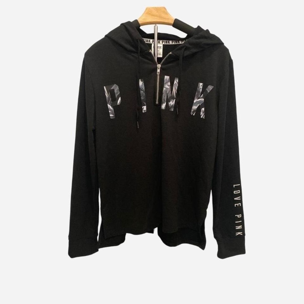 PINK‎ Victoria's Secret Black Palm Leaf Logo Quarter Zip Hoodie Women's M